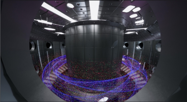 Illustration of inside a grey chamber with purple swirls